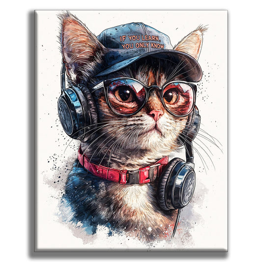 Hipster Cat with Headphones - Painting by Numbers