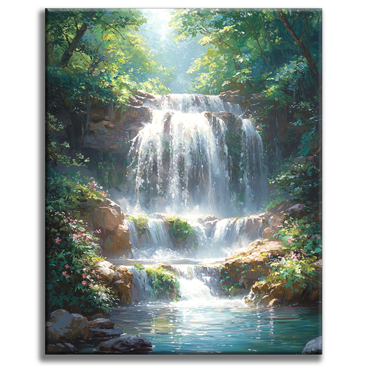 Forest Waterfall in Sunlight - Painting by Numbers